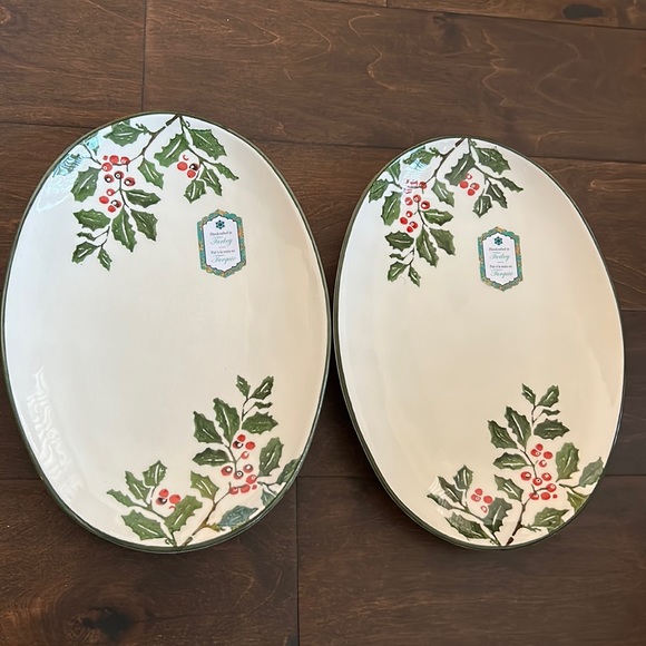 Papart Ceramic Set Of 2 Holly Berry Christmas Oval Serving Platters New 11.5”x8 - Picture 1 of 2